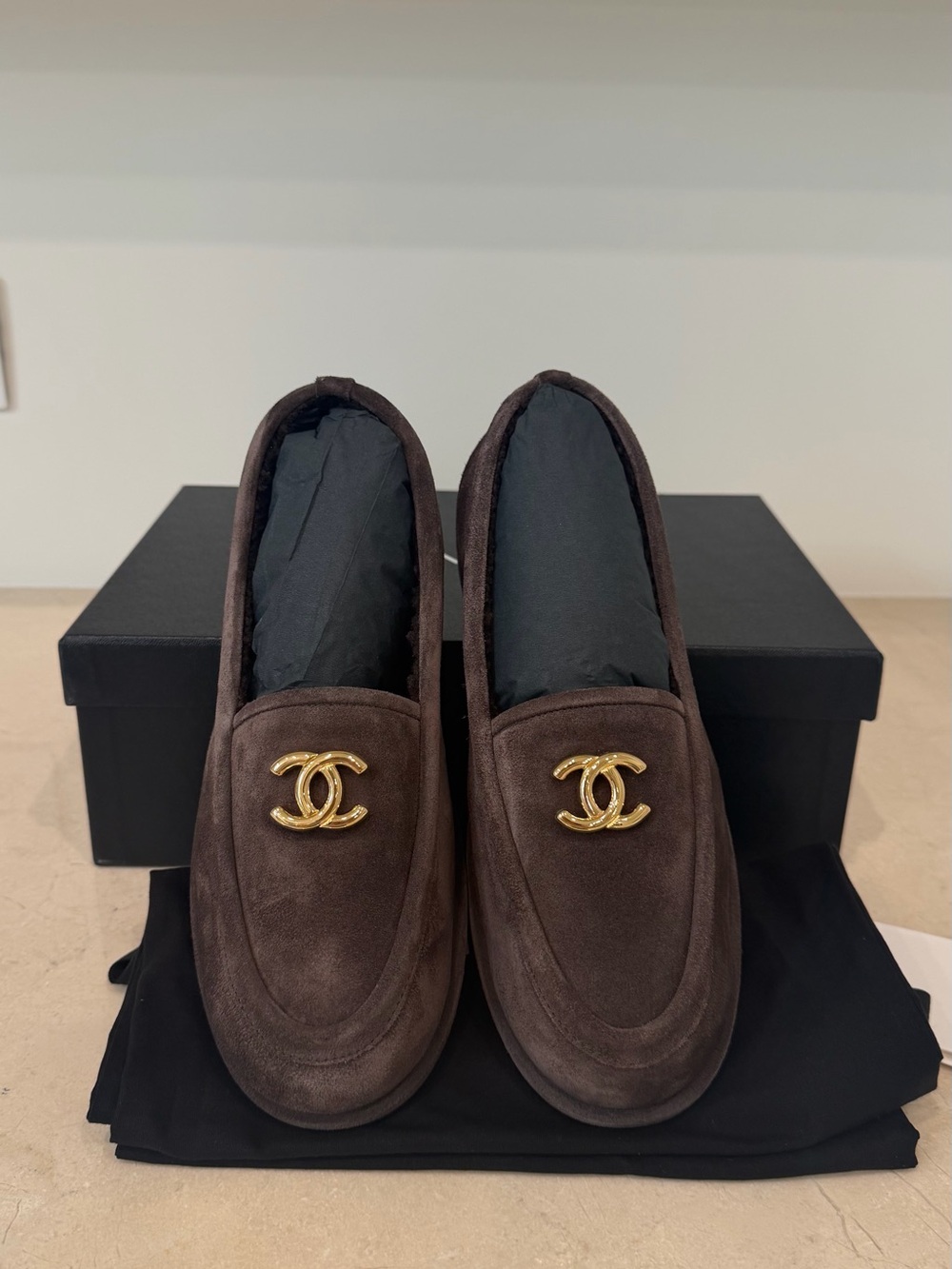 CHANEL 26B Suede Loafers in Brown; Size 37